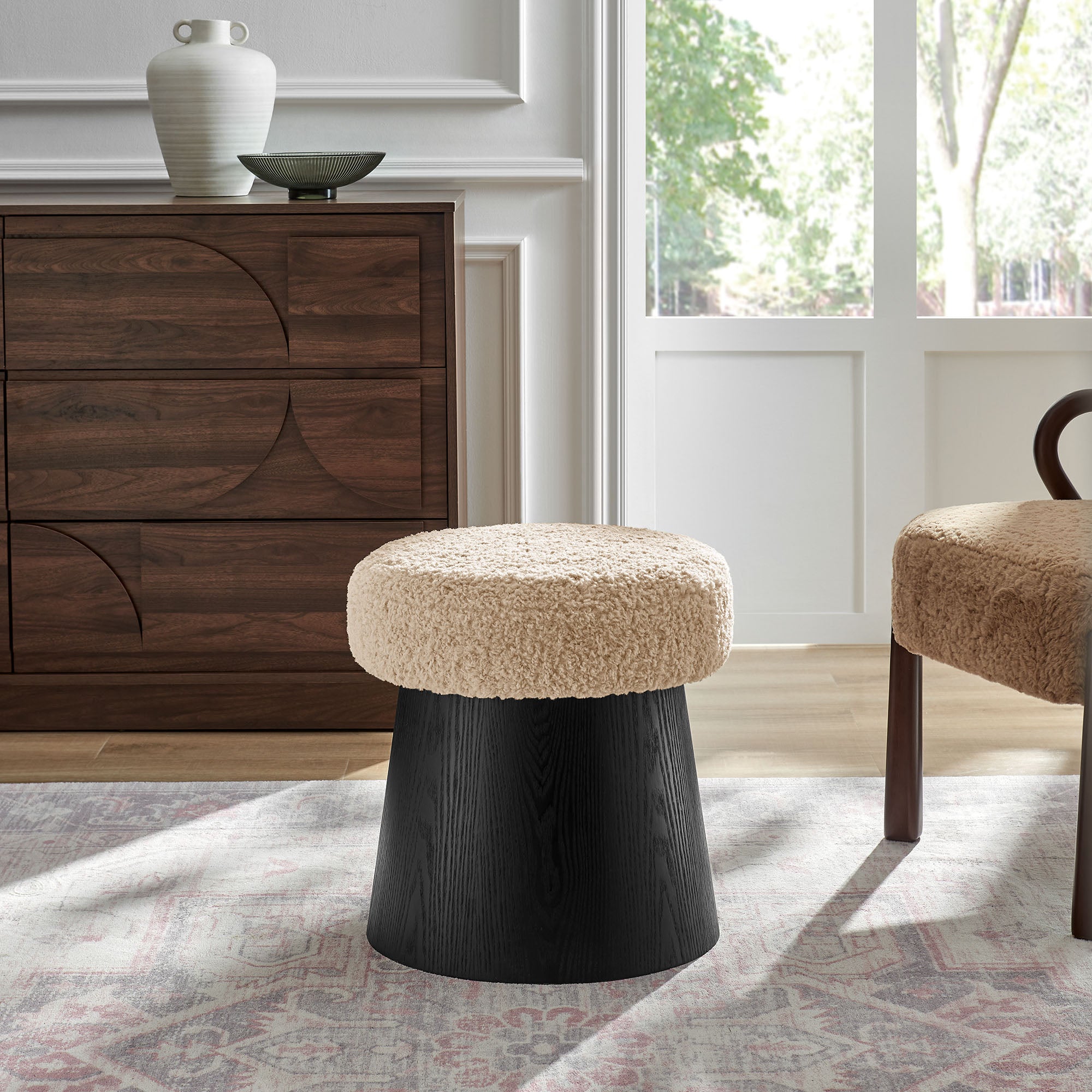 Ketra Round Faux Shearling Ottoman Footstool - Oatmeal Black