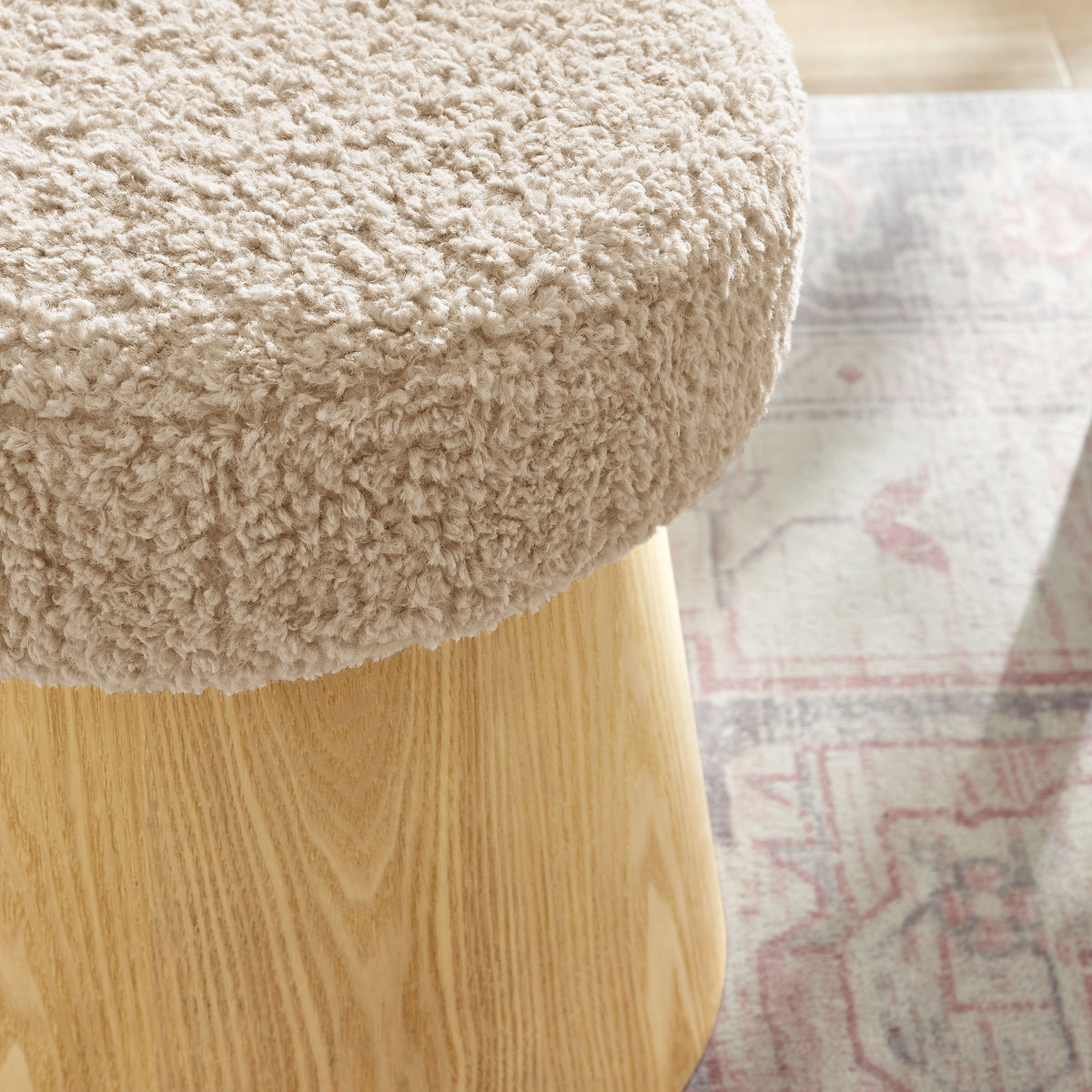 Ketra Round Faux Shearling Ottoman Footstool - Oatmeal Oak