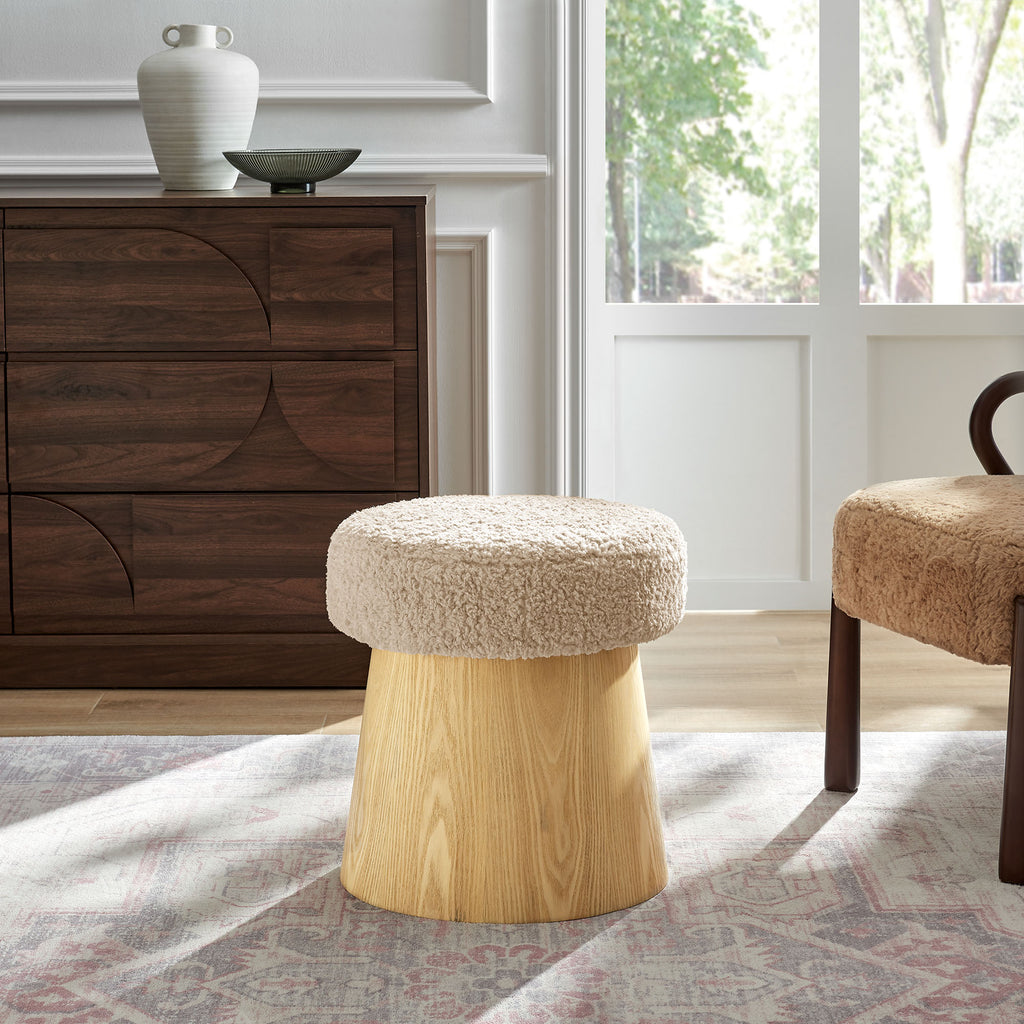 Ketra Round Faux Shearling Ottoman Footstool - Oatmeal Oak