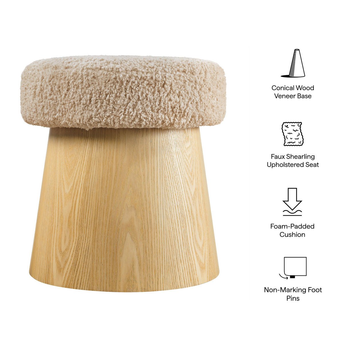 Ketra Round Faux Shearling Ottoman Footstool - Oatmeal Oak