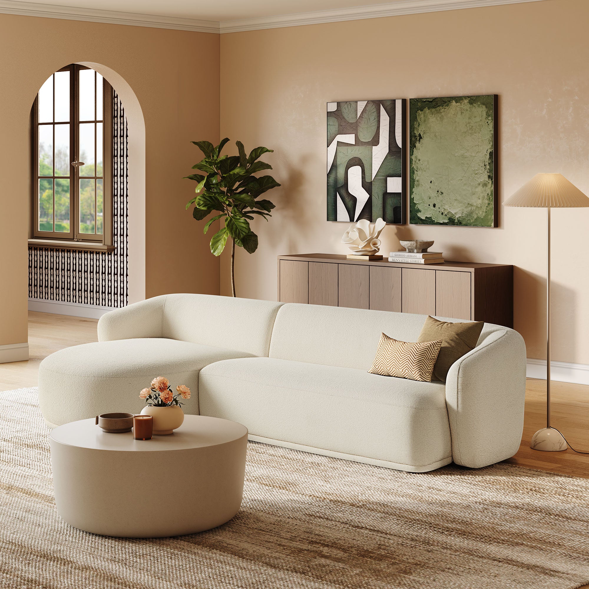 Monica 2 Piece Left Facing Boucle Fabric Modular Sofa with Chaise - Cream