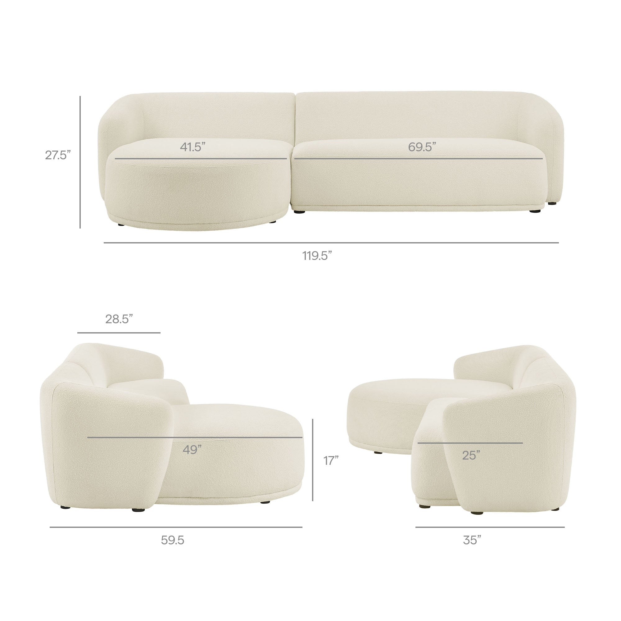Monica 2 Piece Left Facing Boucle Fabric Modular Sofa with Chaise - Cream