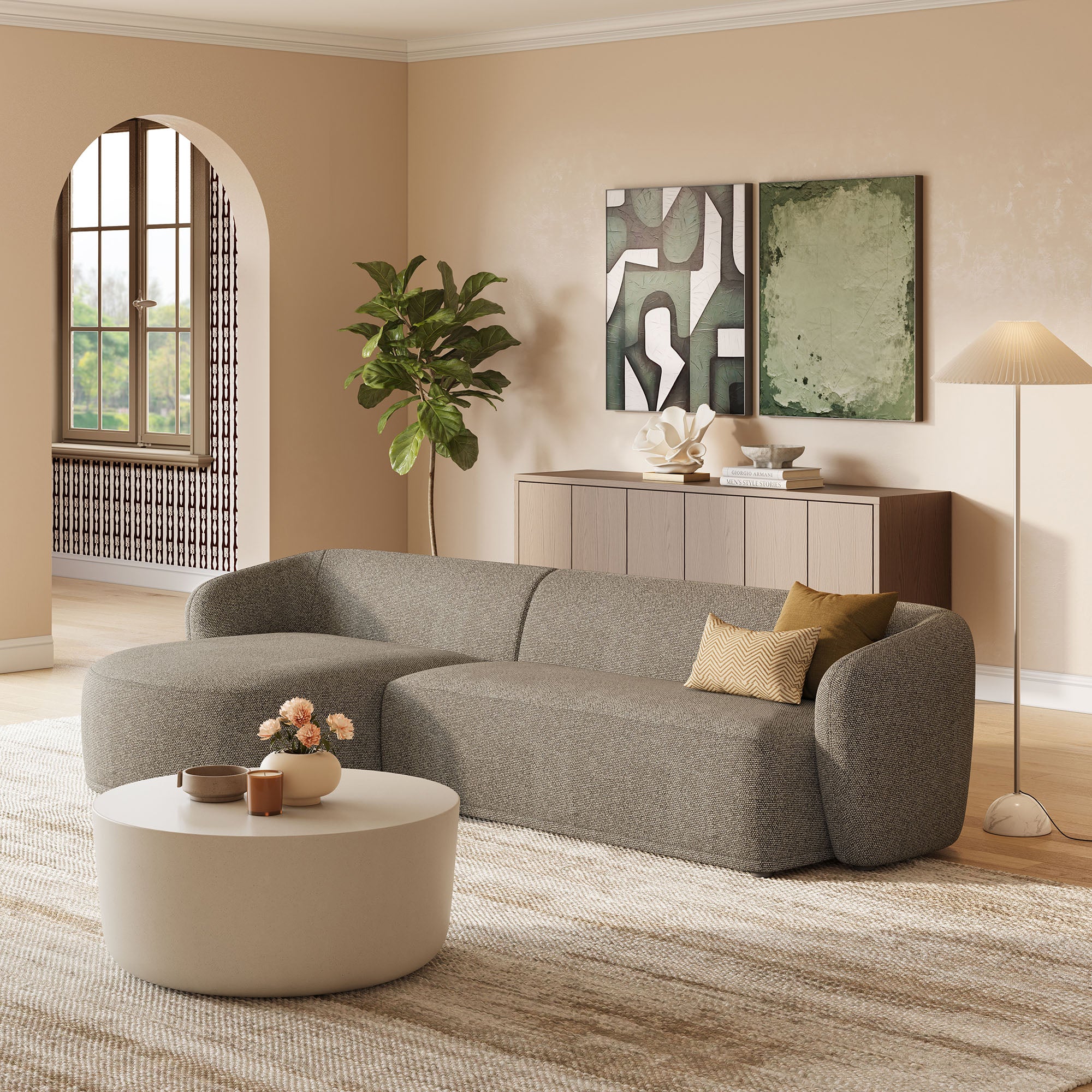 Monica 2 Piece Left Facing Boucle Fabric Modular Sofa with Chaise - Earth
