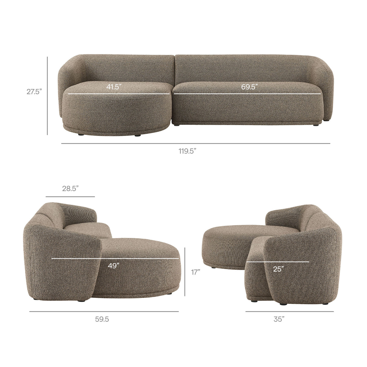 Monica 2 Piece Left Facing Boucle Fabric Modular Sofa with Chaise - Earth