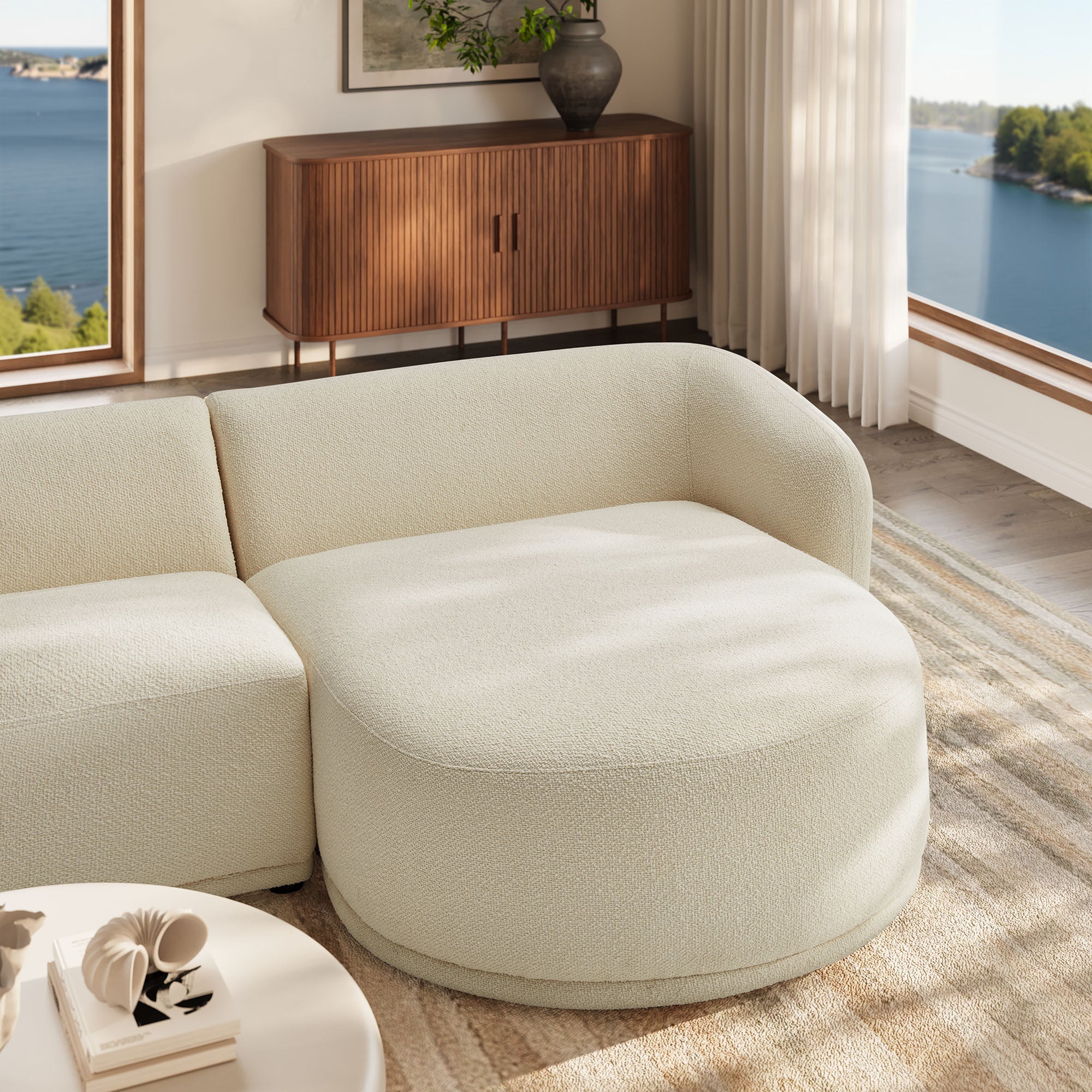 Monica 2 Piece Right Facing Boucle Fabric Modular Sofa with Chaise - Cream