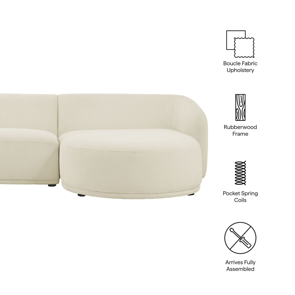 Monica 2 Piece Right Facing Boucle Fabric Modular Sofa with Chaise - Cream