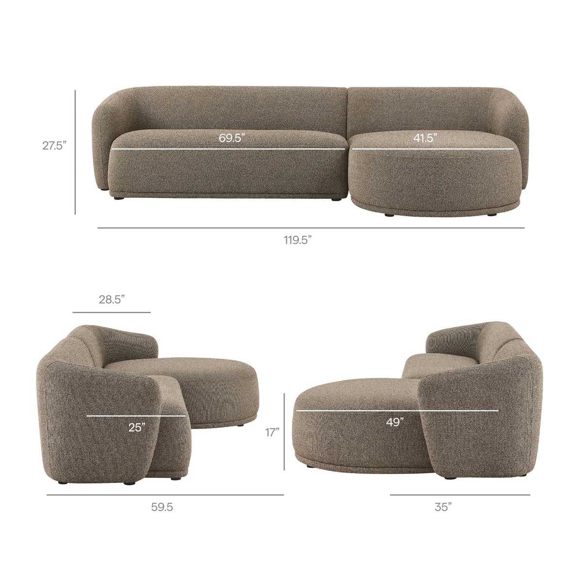 Monica 2 Piece Right Facing Boucle Fabric Modular Sofa with Chaise - Earth