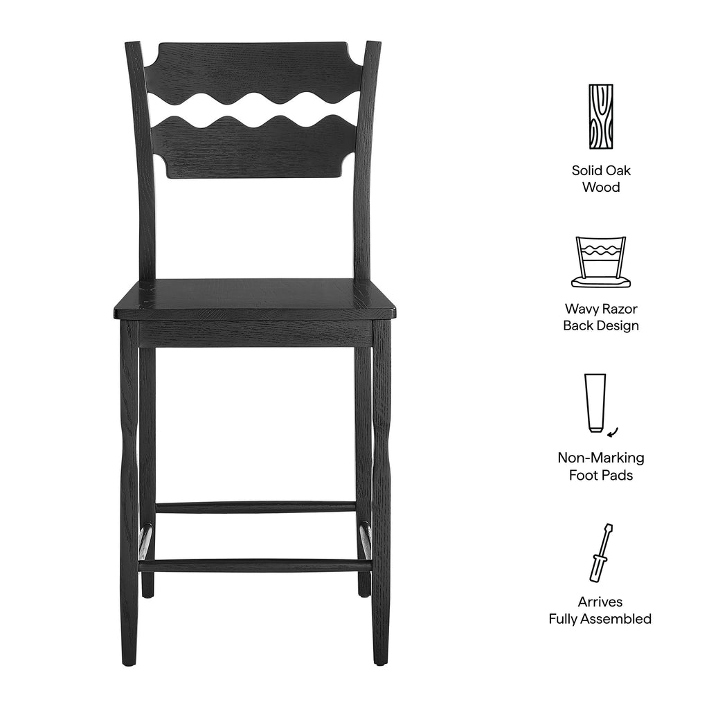 Jax Oak Wood Counter Stool With Wavy Razor Back - Black