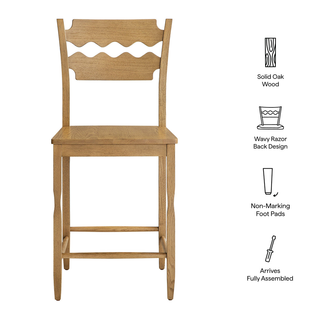 Jax Oak Wood Counter Stool With Wavy Razor Back - Weathered Oak