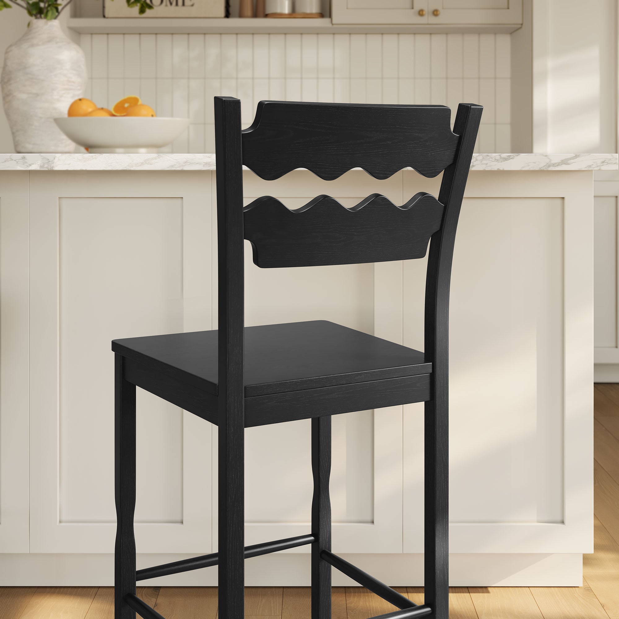 Jax Oak Wood Bar Stool With Wavy Razor Back - Black