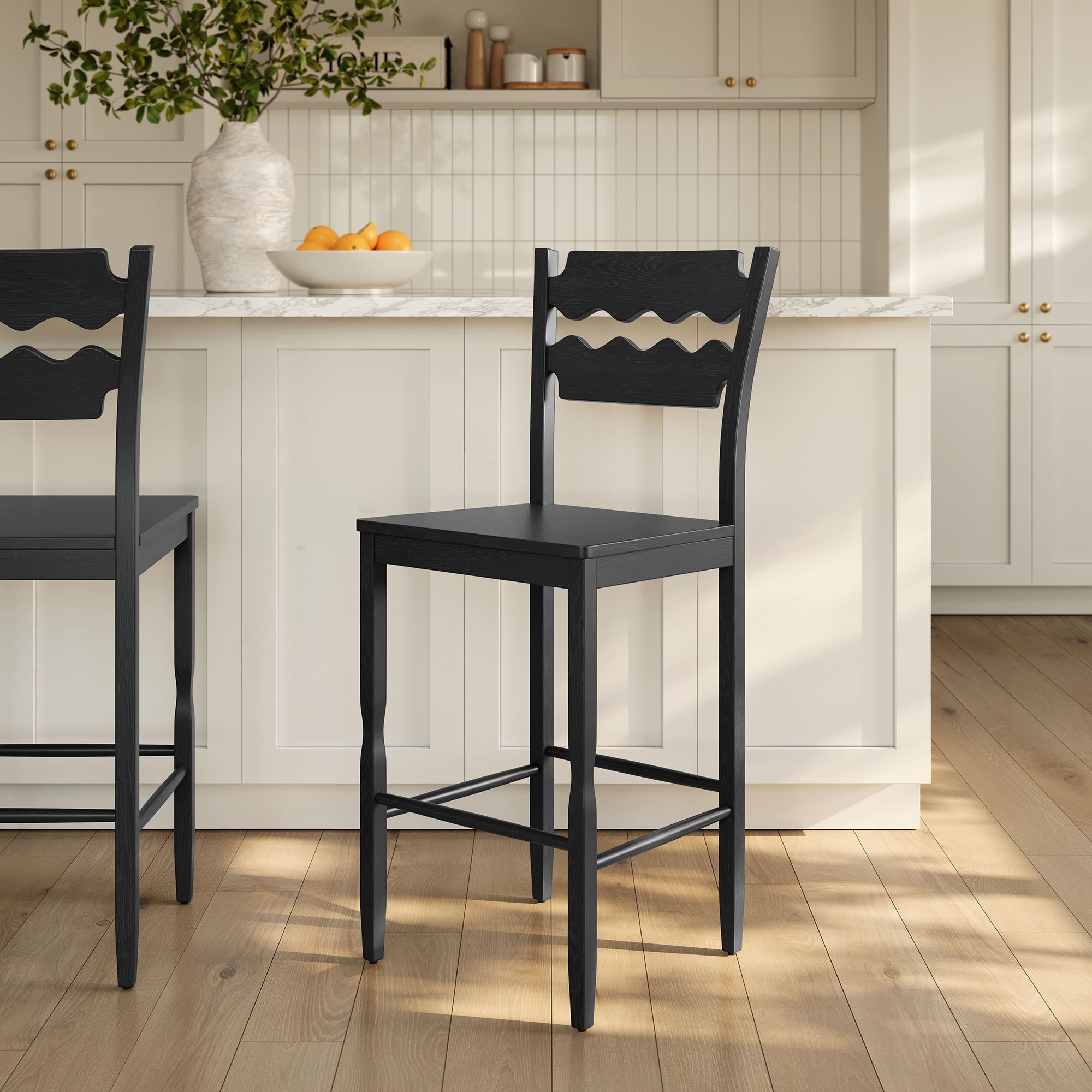 Jax Oak Wood Bar Stool With Wavy Razor Back - Black
