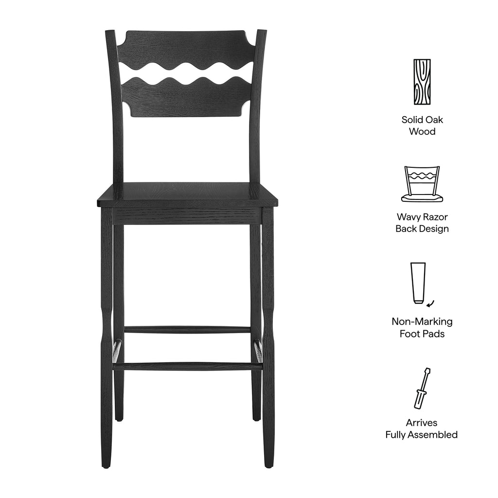 Jax Oak Wood Bar Stool With Wavy Razor Back - Black