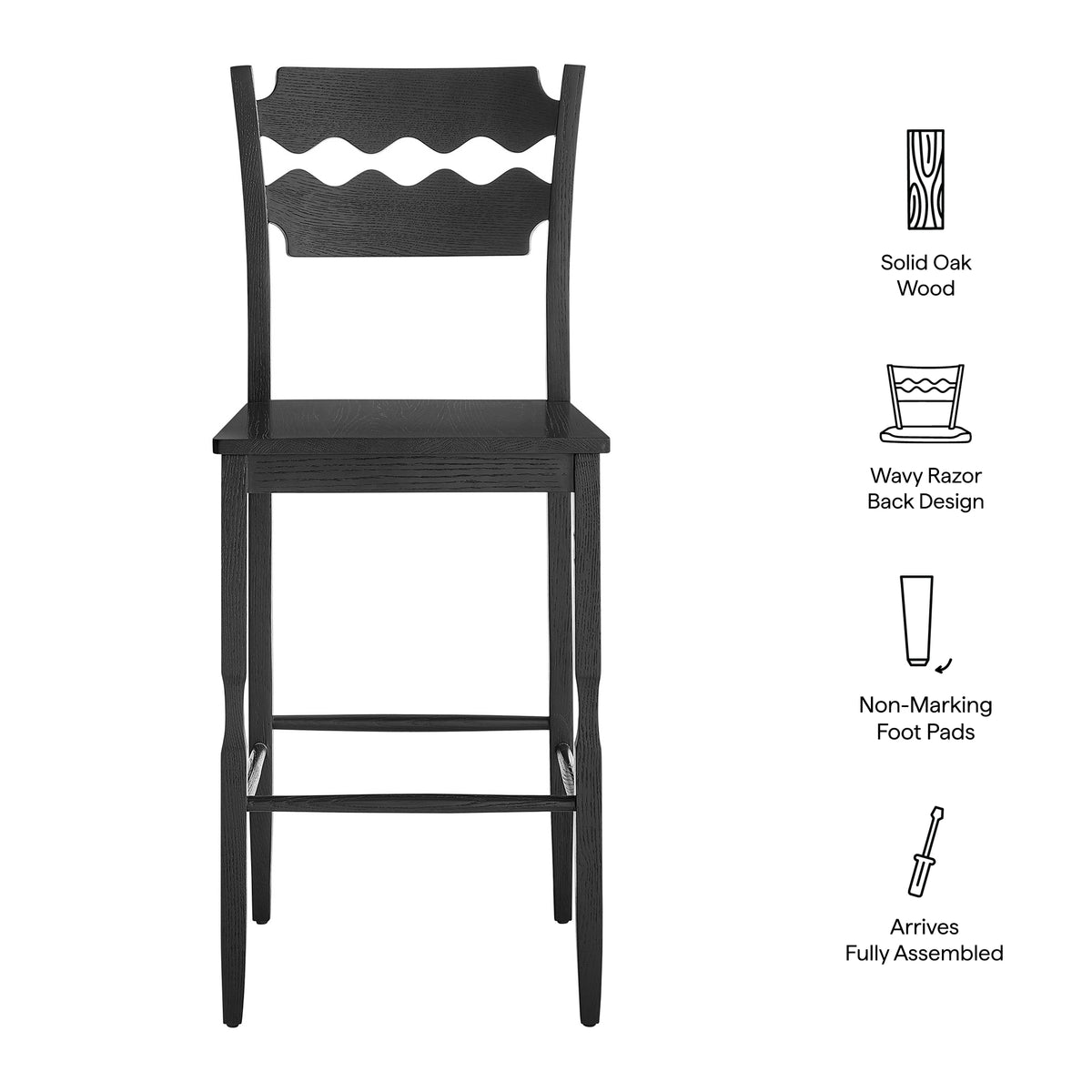 Jax Oak Wood Bar Stool With Wavy Razor Back - Black