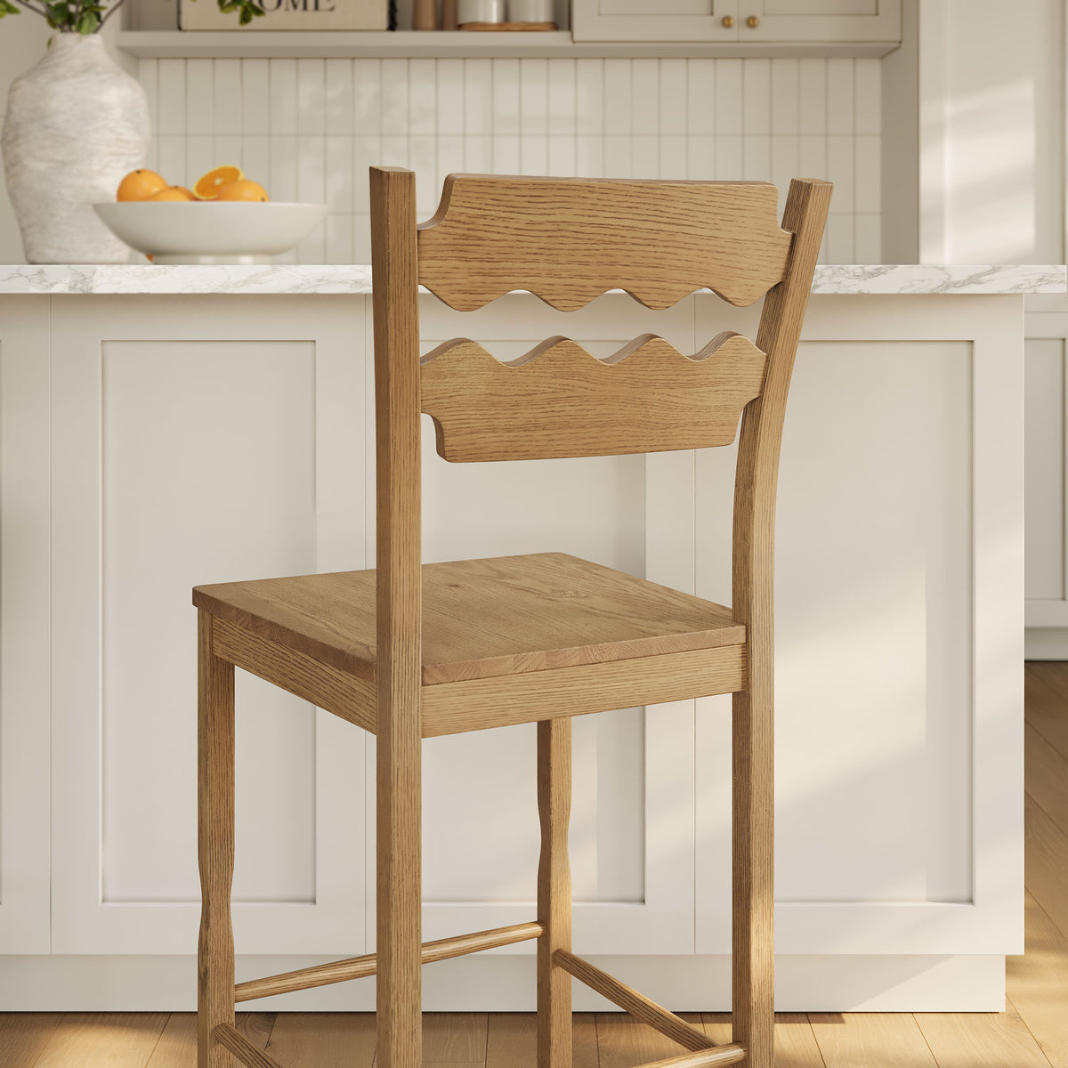 Jax Oak Wood Bar Stool With Wavy Razor Back - Weathered Oak