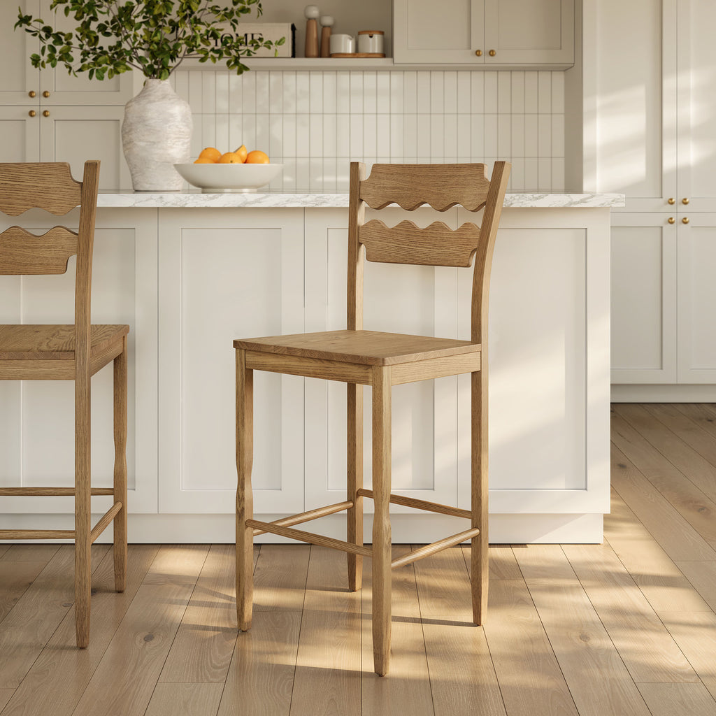 Jax Oak Wood Bar Stool With Wavy Razor Back - Weathered Oak