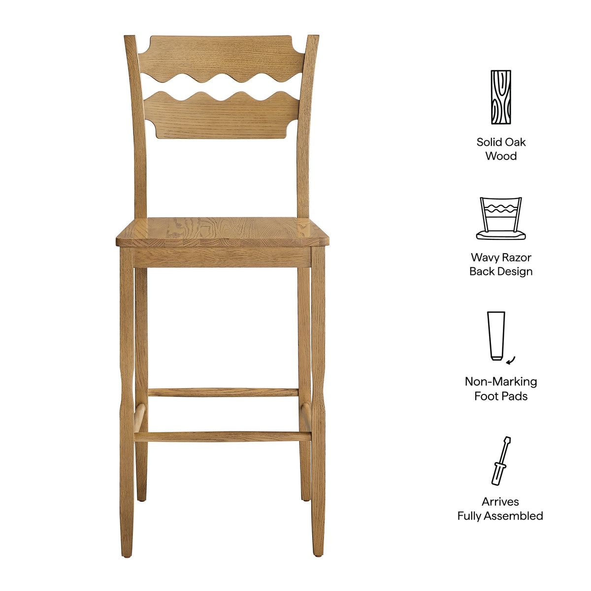 Jax Oak Wood Bar Stool With Wavy Razor Back - Weathered Oak