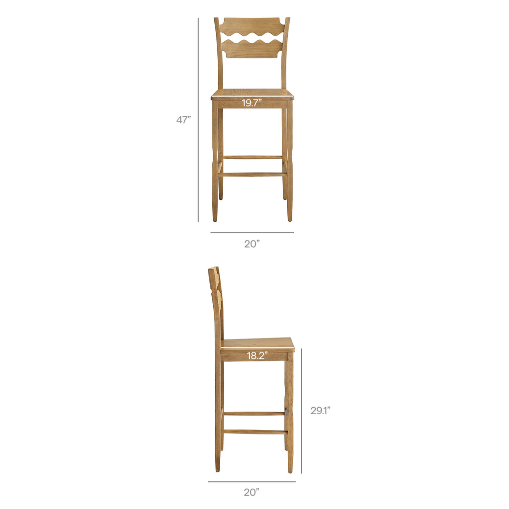 Jax Oak Wood Bar Stool With Wavy Razor Back - Weathered Oak