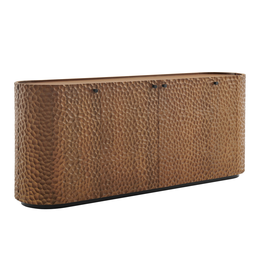 Aven 71.5 Inch Oval Chiseled Wood Sideboard Buffet Cabinet with Hammered Effect - Walnut
