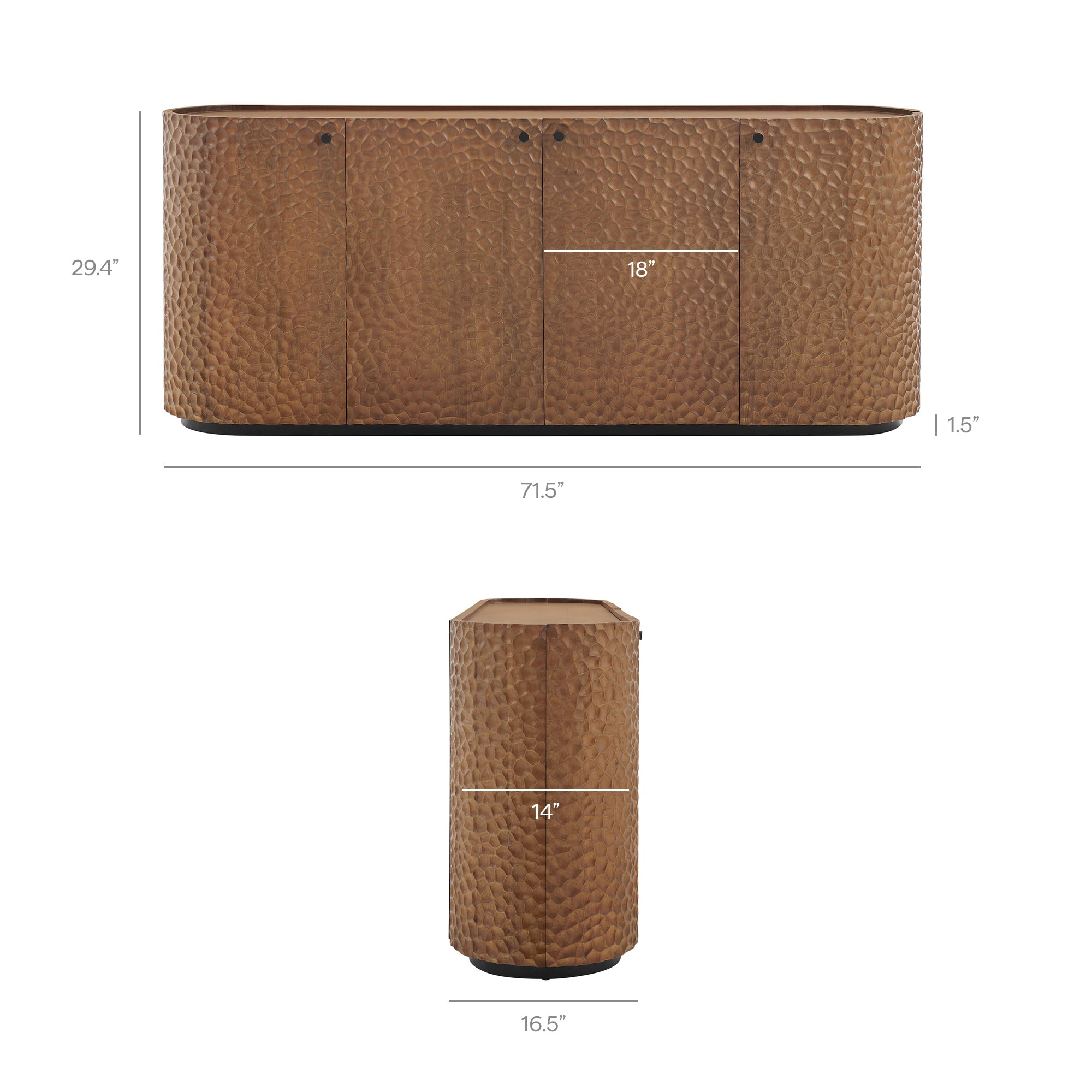 Aven 71.5 Inch Oval Chiseled Wood Sideboard Buffet Cabinet with Hammered Effect - Walnut