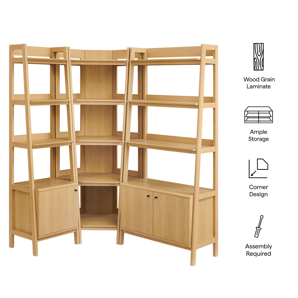 Bixby 3 Piece Corner Bookshelf Set With Wide and Narrow Bookshelves - Oak