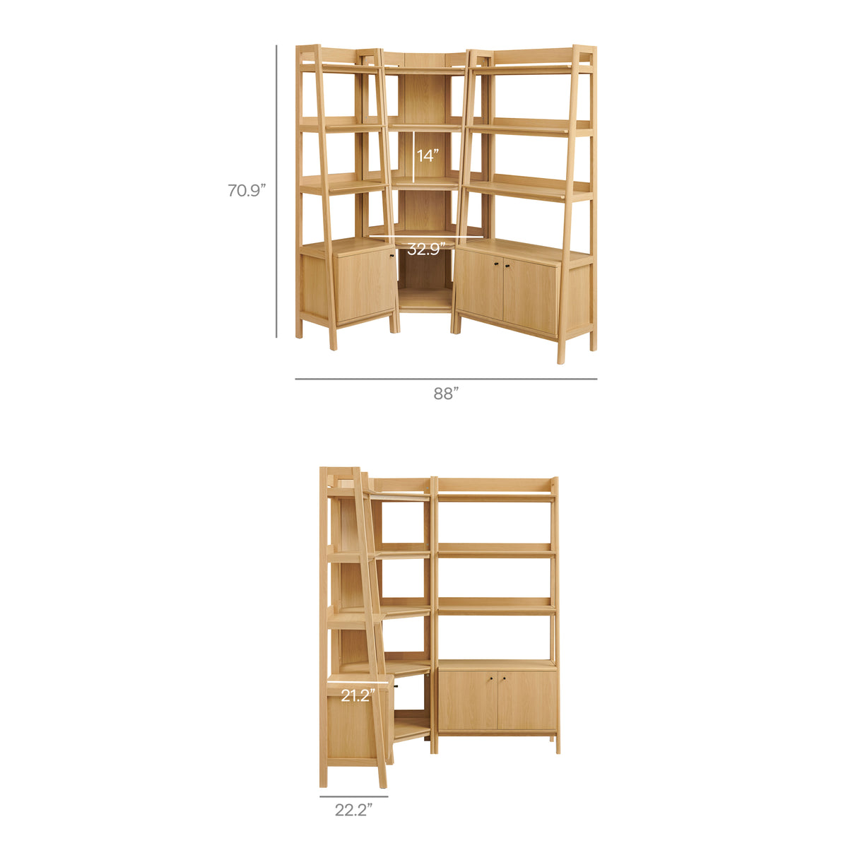 Bixby 3 Piece Corner Bookshelf Set With Wide and Narrow Bookshelves - Oak