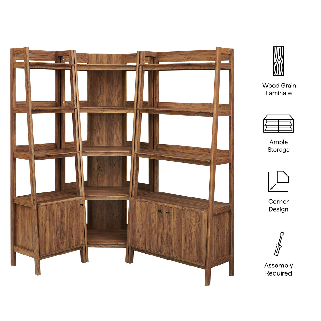 Bixby 3 Piece Corner Bookshelf Set With Wide and Narrow Bookshelves - Walnut