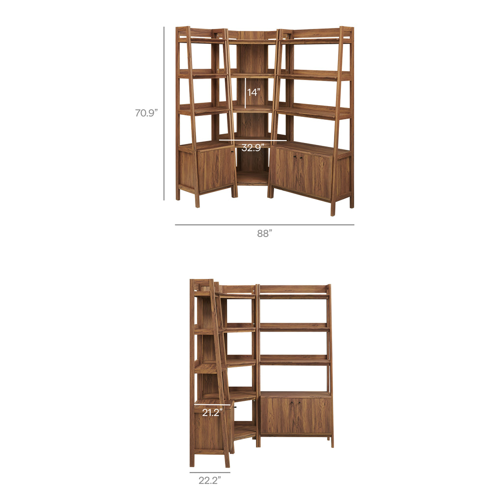 Bixby 3 Piece Corner Bookshelf Set With Wide and Narrow Bookshelves - Walnut