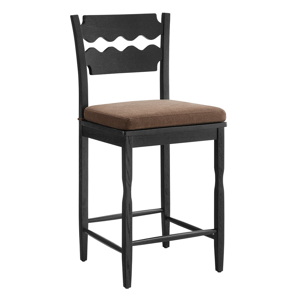 Jax Oak Wood Counter Stool With Wavy Razor Back and Cushion - Black Cocoa