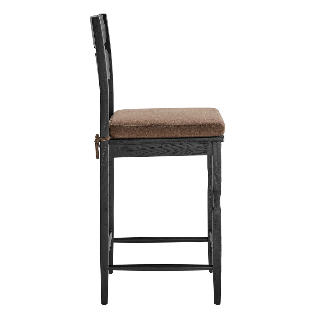 Jax Oak Wood Counter Stool With Wavy Razor Back and Cushion - Black Cocoa