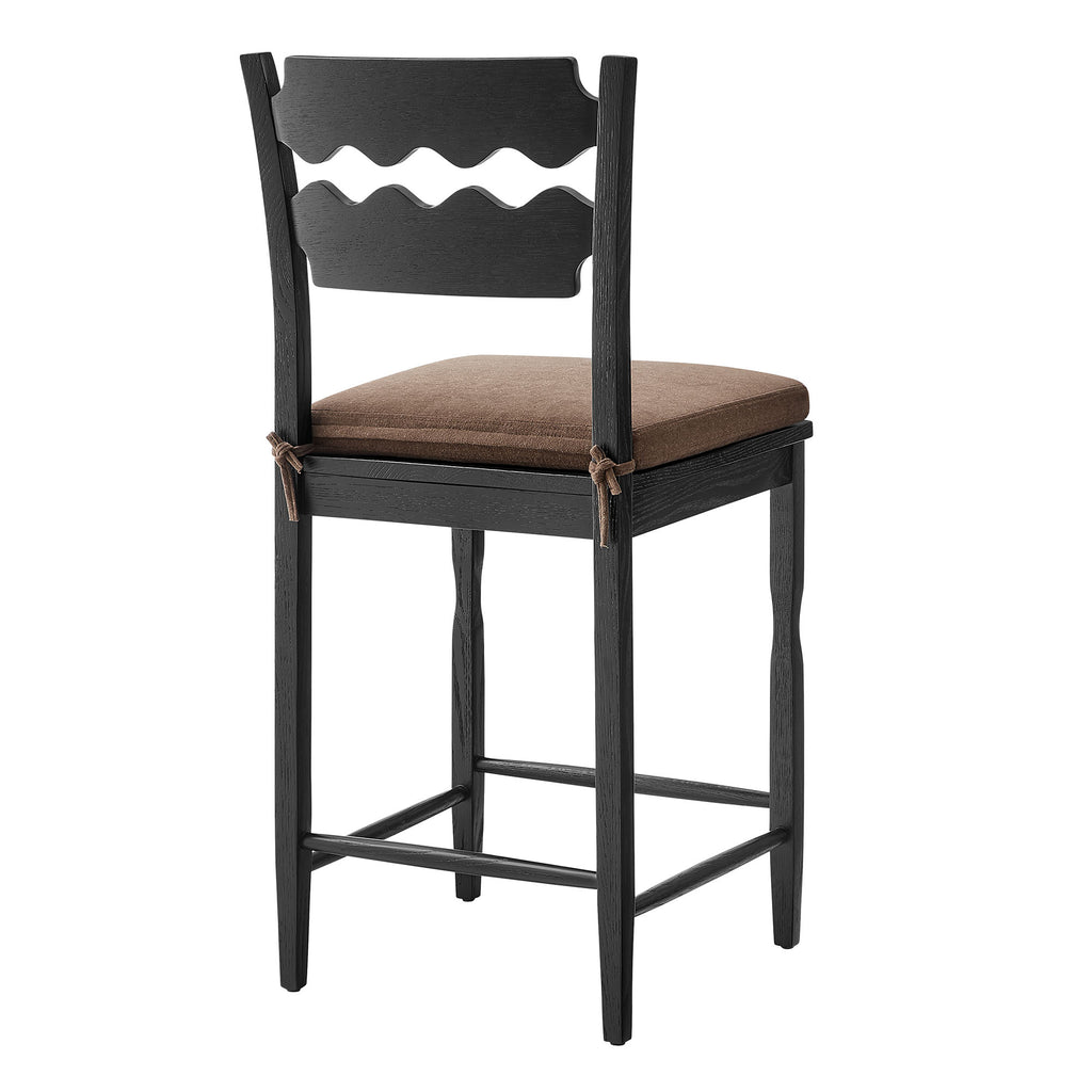 Jax Oak Wood Counter Stool With Wavy Razor Back and Cushion - Black Cocoa