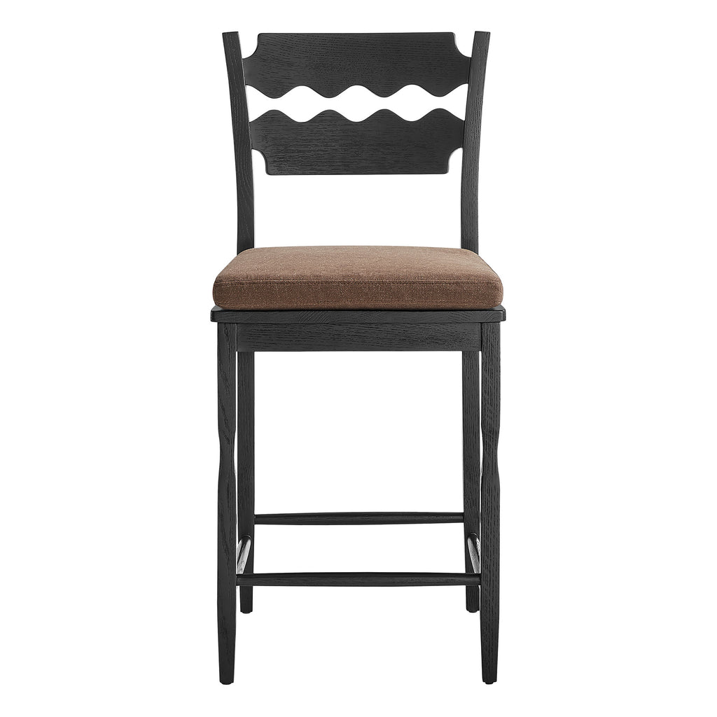 Jax Oak Wood Counter Stool With Wavy Razor Back and Cushion - Black Cocoa