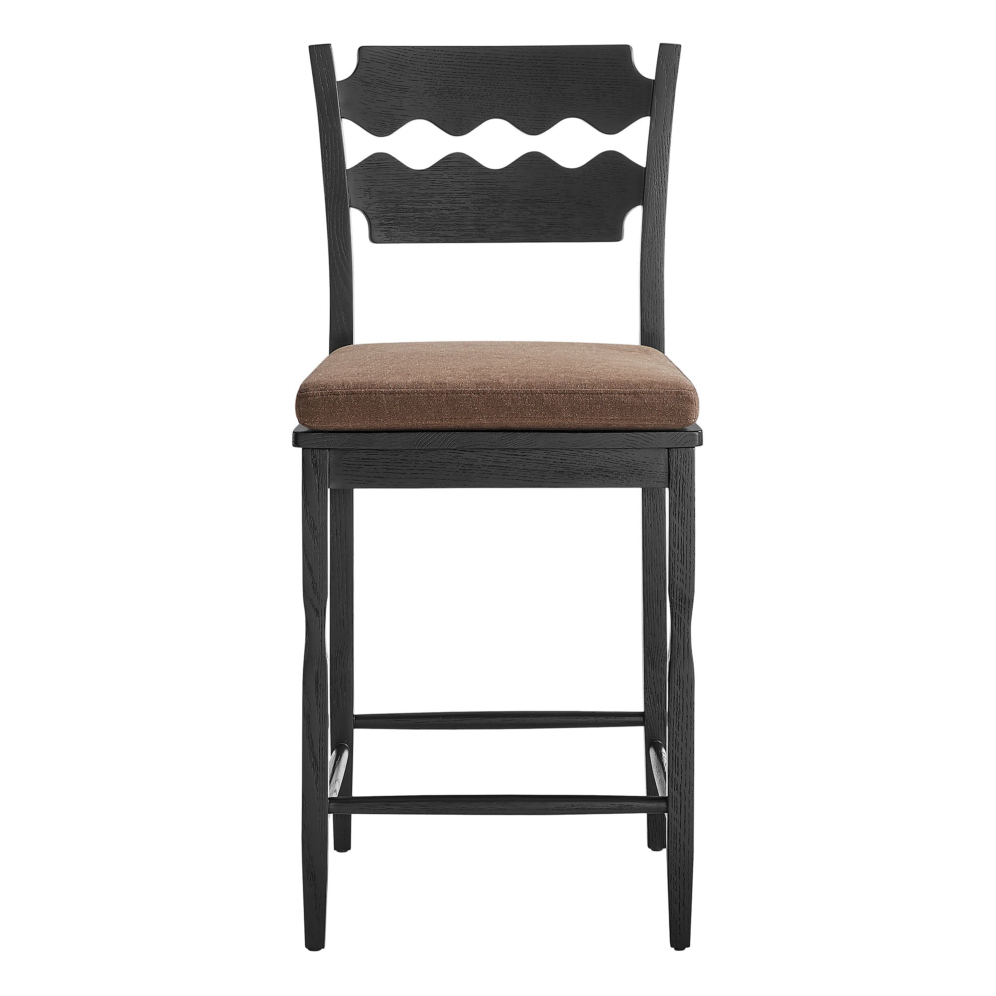 Jax Oak Wood Counter Stool With Wavy Razor Back and Cushion - Black Cocoa