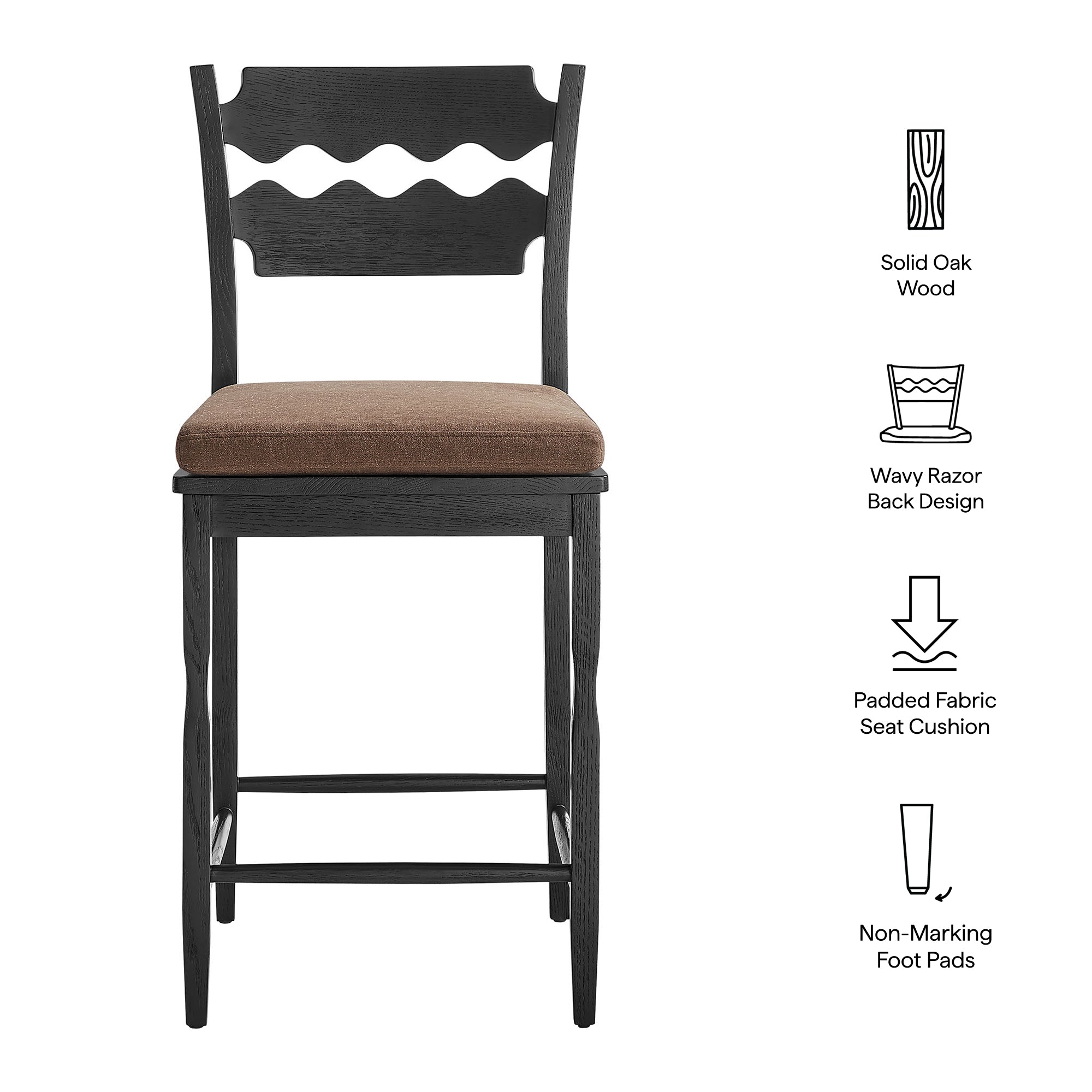 Jax Oak Wood Counter Stool With Wavy Razor Back and Cushion - Black Cocoa