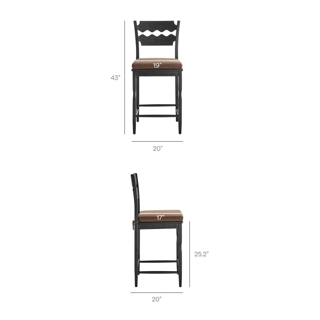 Jax Oak Wood Counter Stool With Wavy Razor Back and Cushion - Black Cocoa