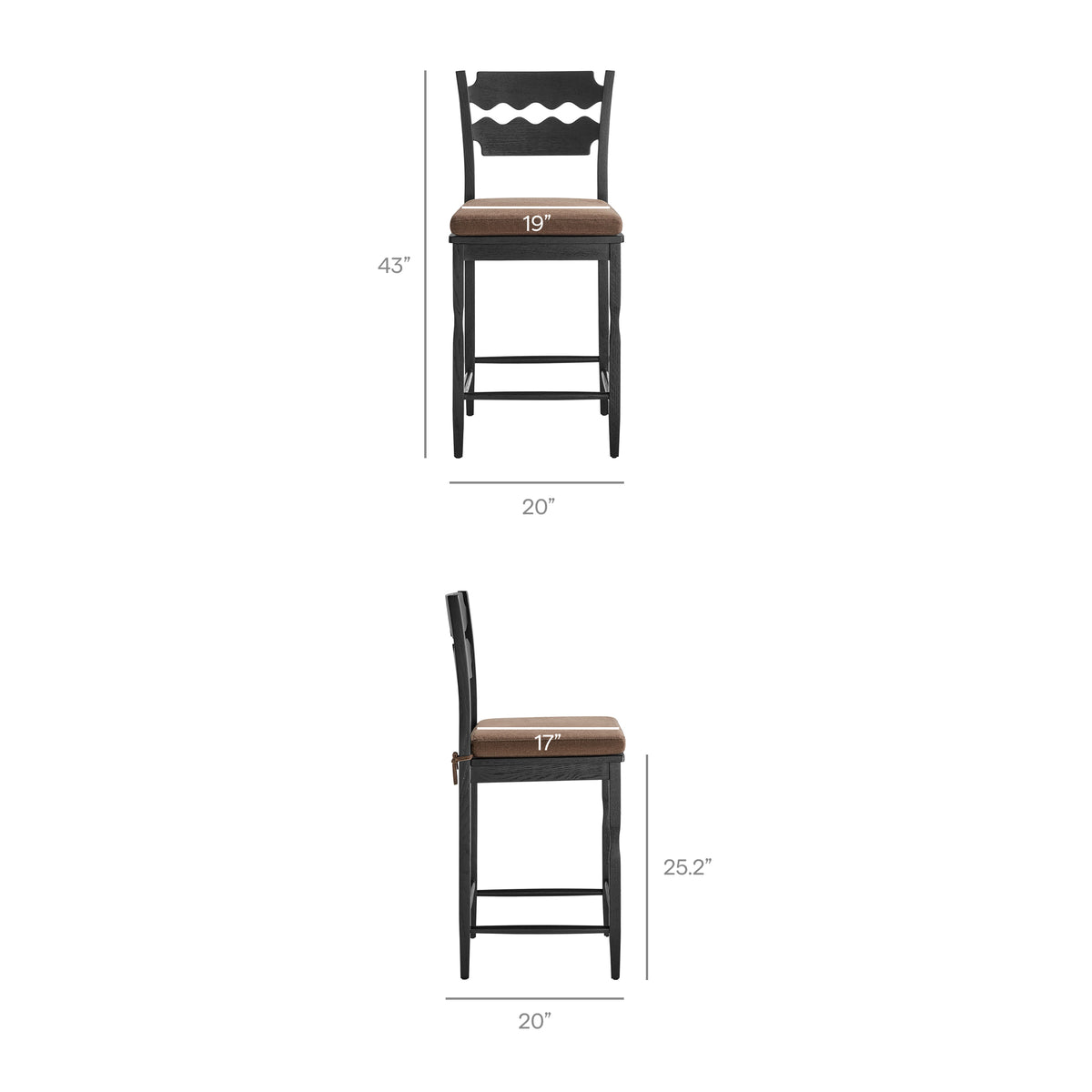 Jax Oak Wood Counter Stool With Wavy Razor Back and Cushion - Black Cocoa