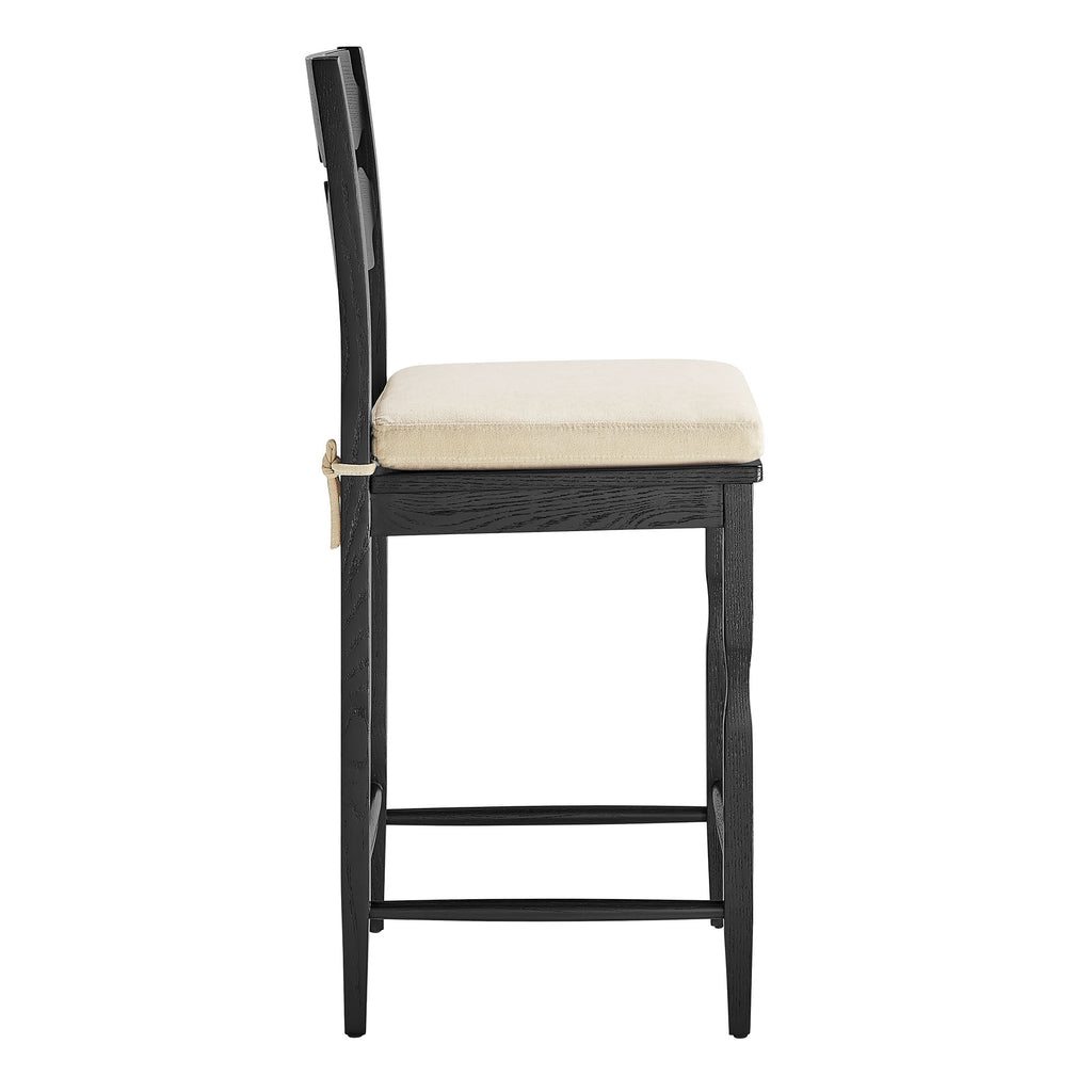 Jax Oak Wood Counter Stool With Wavy Razor Back and Cushion - Black Linen