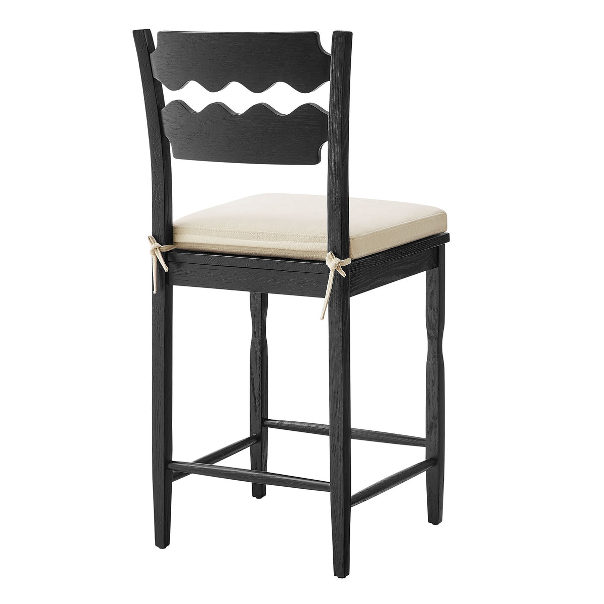 Jax Oak Wood Counter Stool With Wavy Razor Back and Cushion - Black Linen