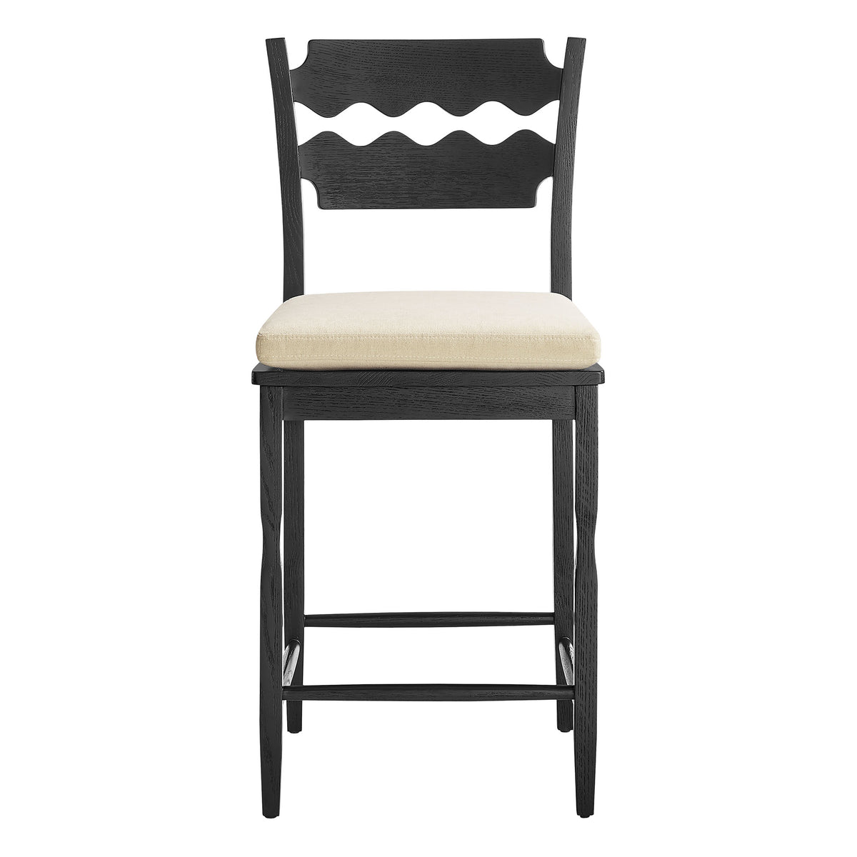 Jax Oak Wood Counter Stool With Wavy Razor Back and Cushion - Black Linen