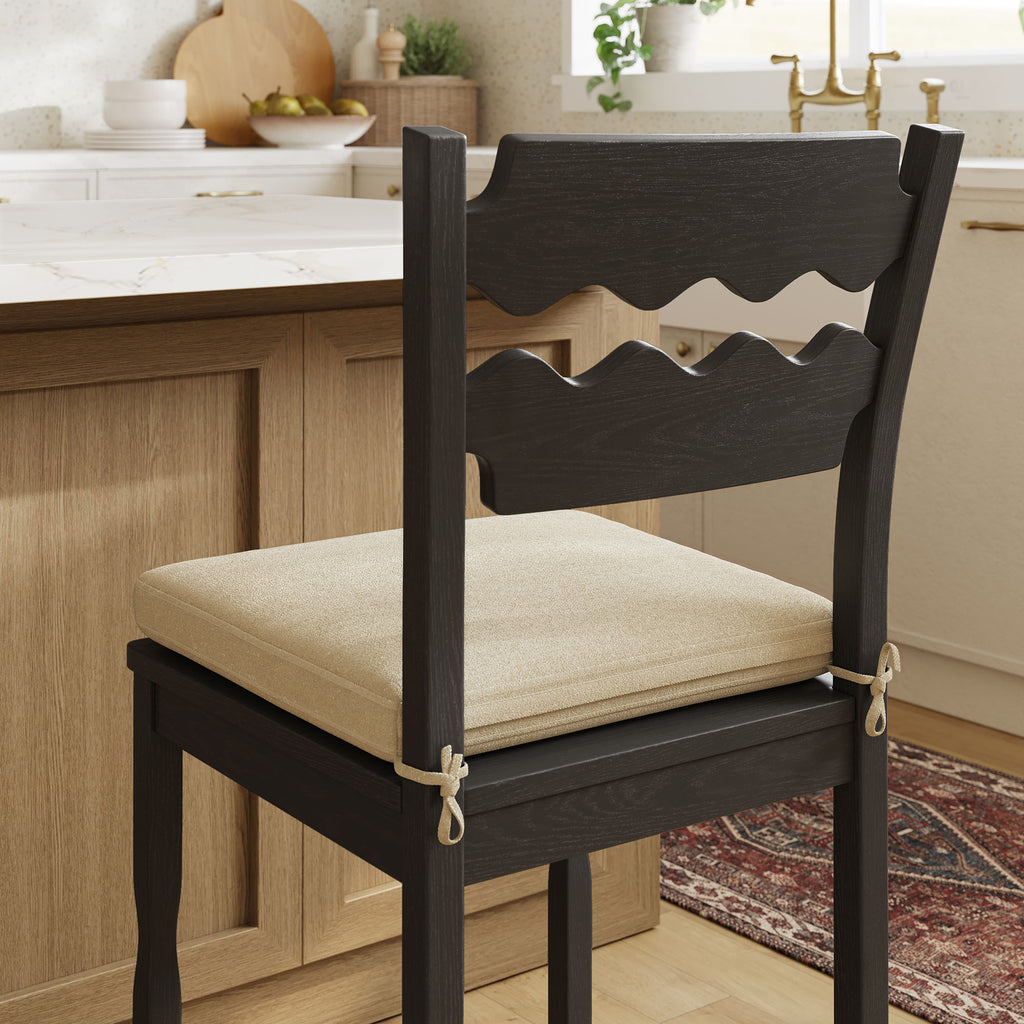 Jax Oak Wood Counter Stool With Wavy Razor Back and Cushion - Black Linen