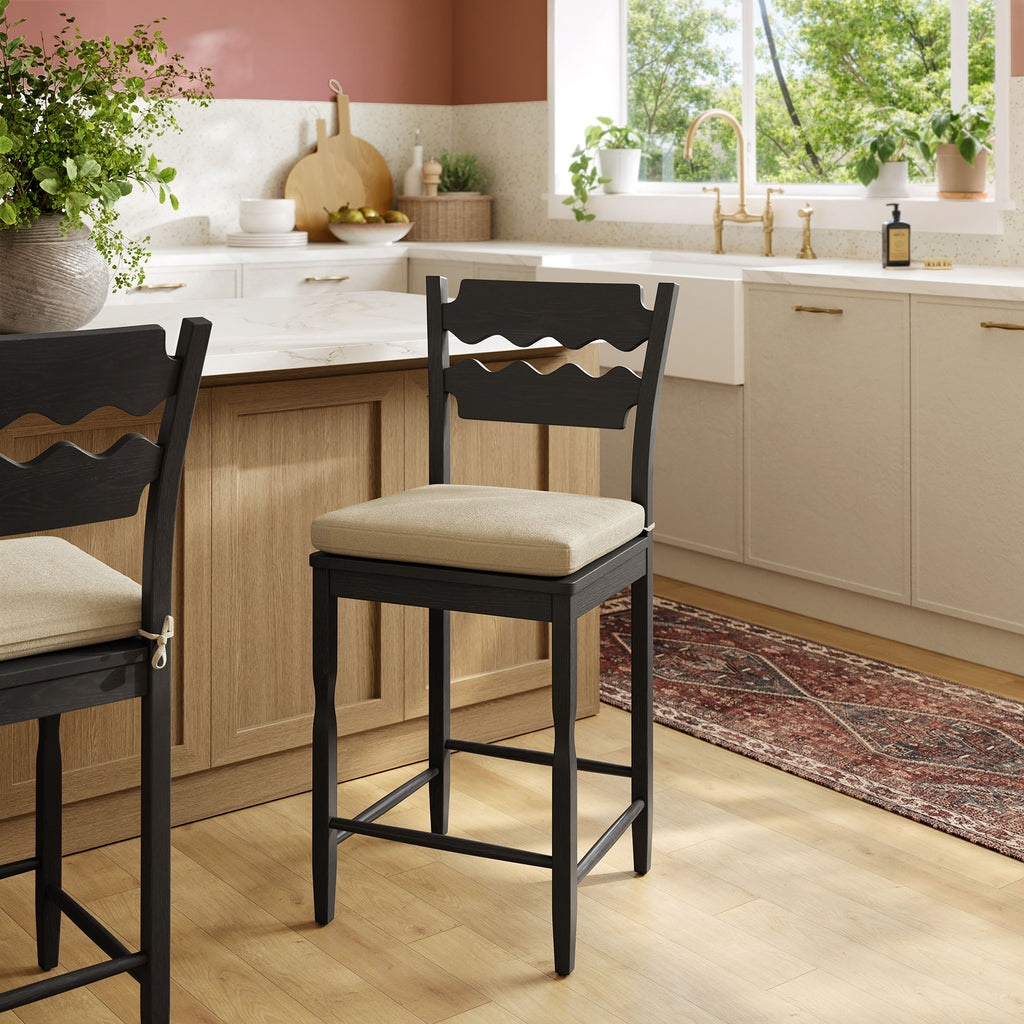 Jax Oak Wood Counter Stool With Wavy Razor Back and Cushion - Black Linen