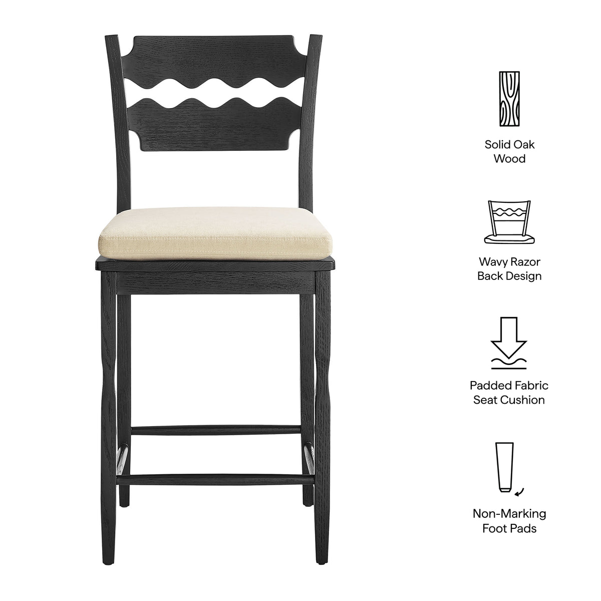 Jax Oak Wood Counter Stool With Wavy Razor Back and Cushion - Black Linen