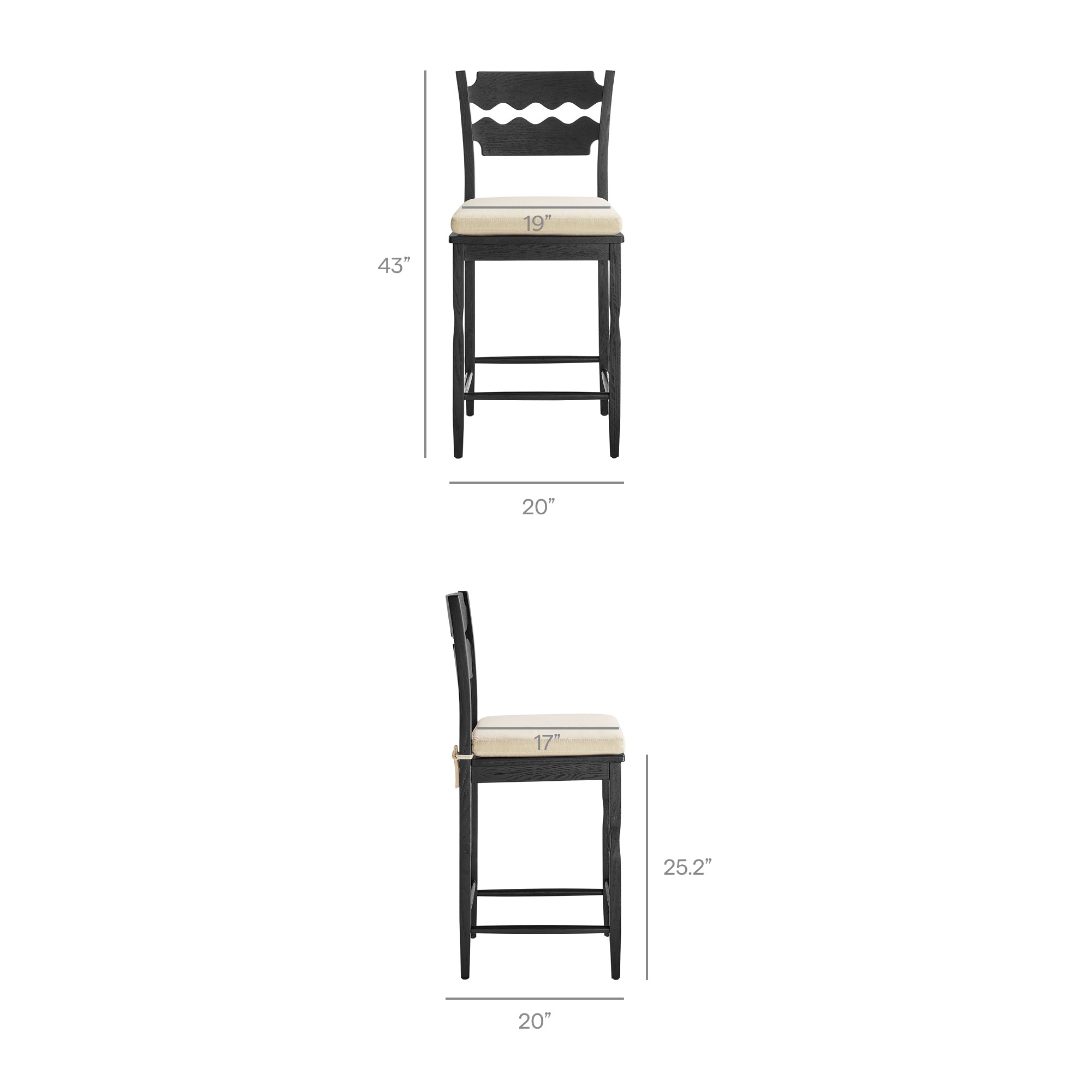 Jax Oak Wood Counter Stool With Wavy Razor Back and Cushion - Black Linen