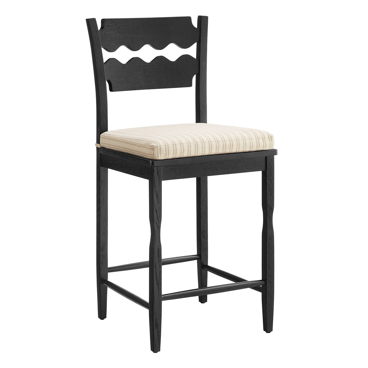Jax Oak Wood Counter Stool With Wavy Razor Back and Cushion - Black Oatmeal Stripe