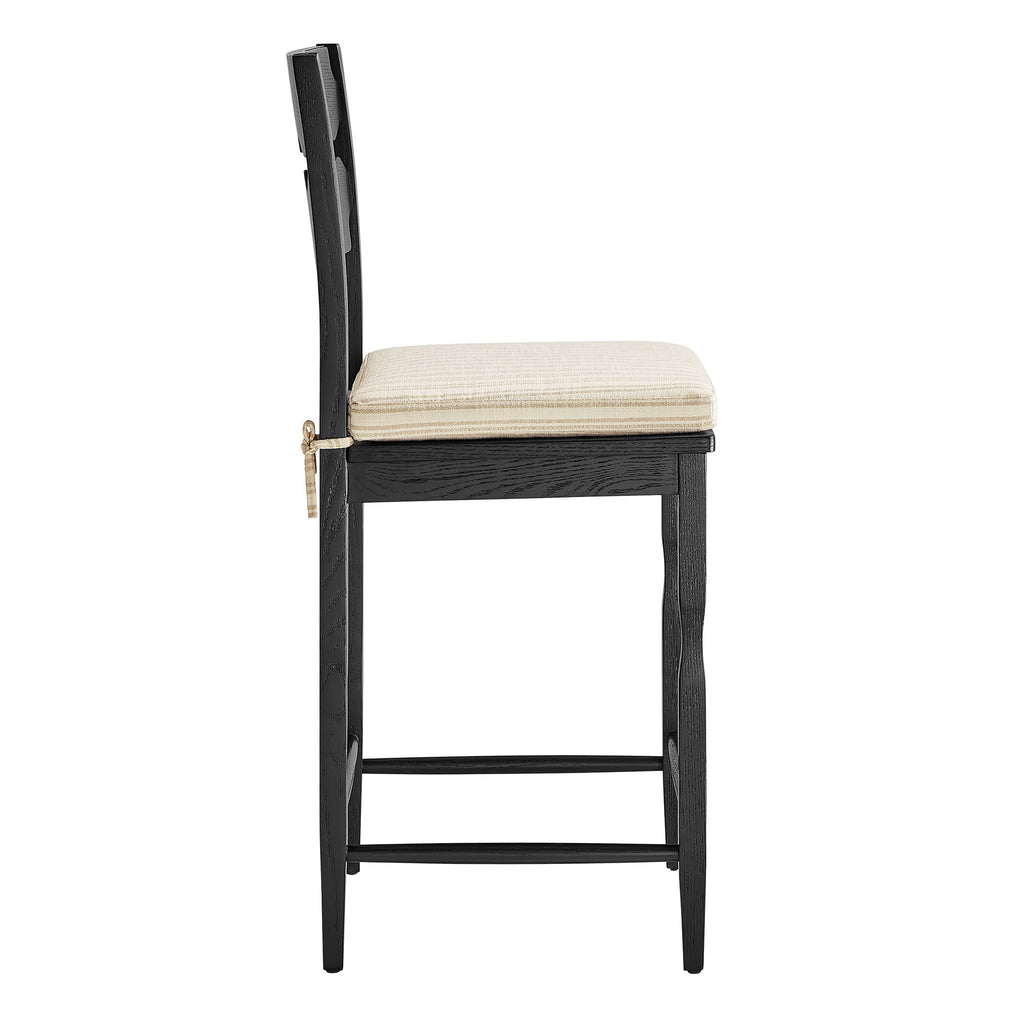 Jax Oak Wood Counter Stool With Wavy Razor Back and Cushion - Black Oatmeal Stripe
