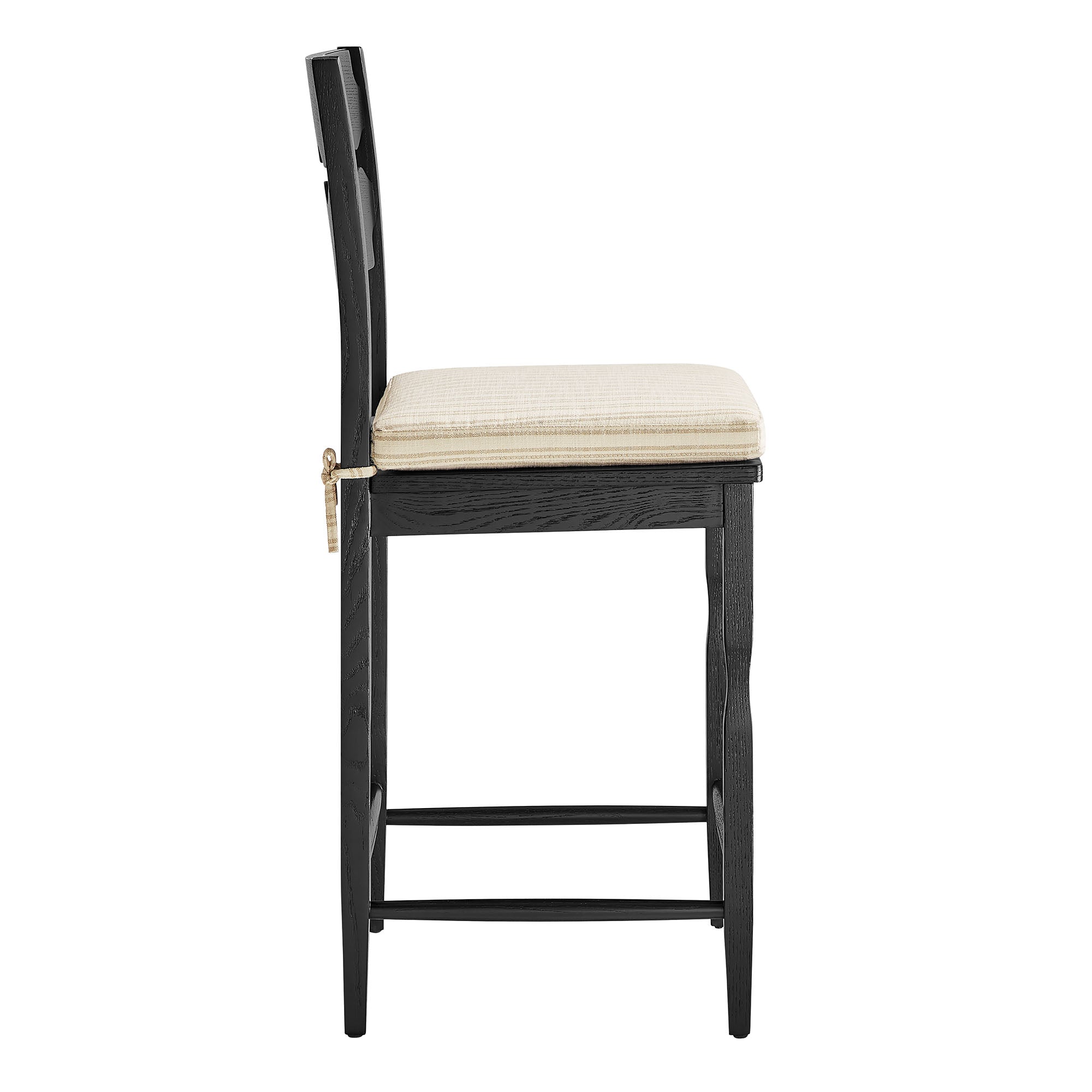Jax Oak Wood Counter Stool With Wavy Razor Back and Cushion - Black Oatmeal Stripe