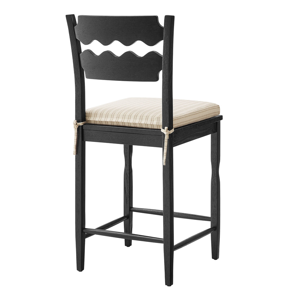 Jax Oak Wood Counter Stool With Wavy Razor Back and Cushion - Black Oatmeal Stripe
