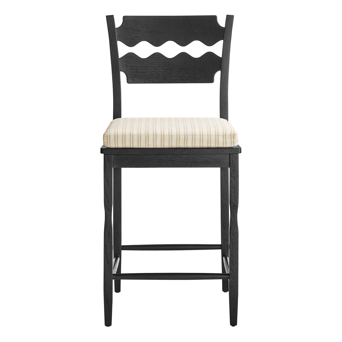 Jax Oak Wood Counter Stool With Wavy Razor Back and Cushion - Black Oatmeal Stripe