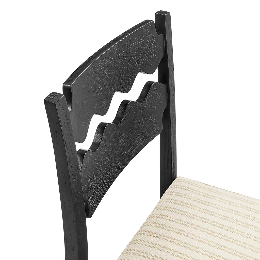 Jax Oak Wood Counter Stool With Wavy Razor Back and Cushion - Black Oatmeal Stripe