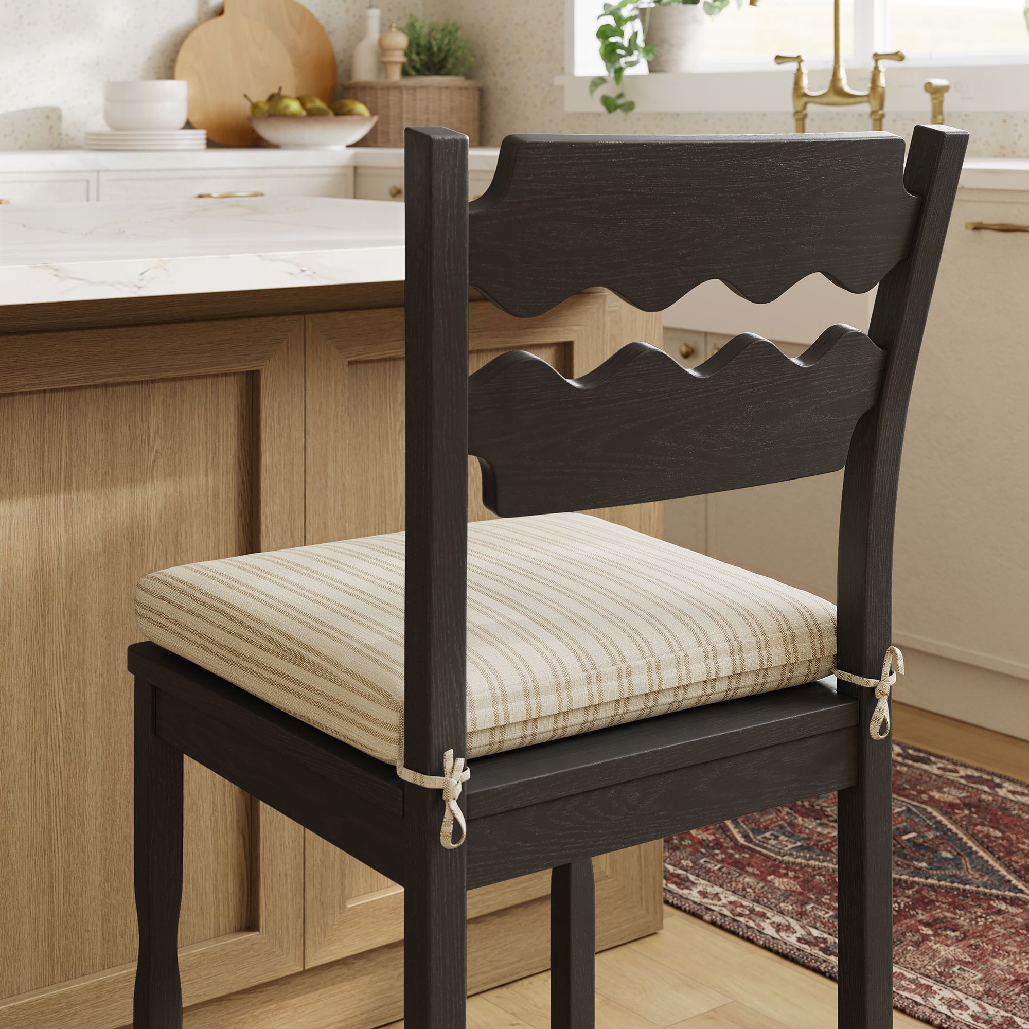 Jax Oak Wood Counter Stool With Wavy Razor Back and Cushion - Black Oatmeal Stripe