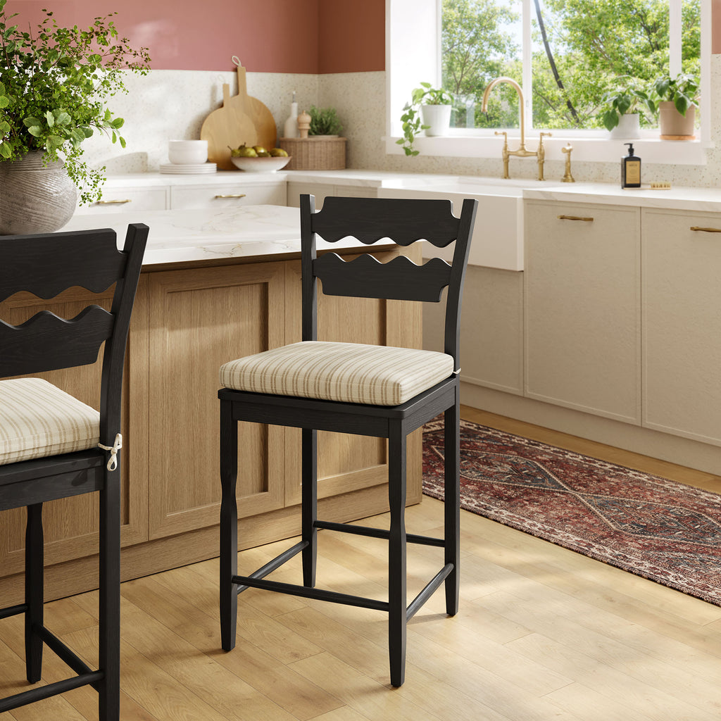Jax Oak Wood Counter Stool With Wavy Razor Back and Cushion - Black Oatmeal Stripe